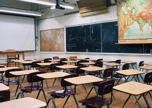 classroom with desks in rows